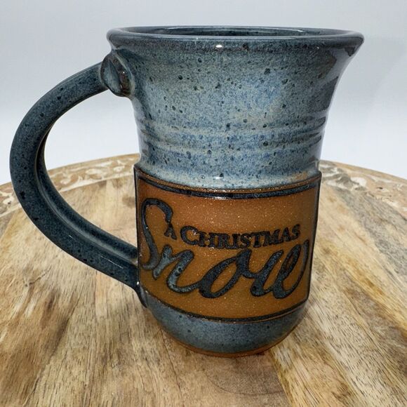 Artisan Made Ceramic Mug Christmas Snow Signed Green Handmade Stoneware Winter - Picture 1 of 9